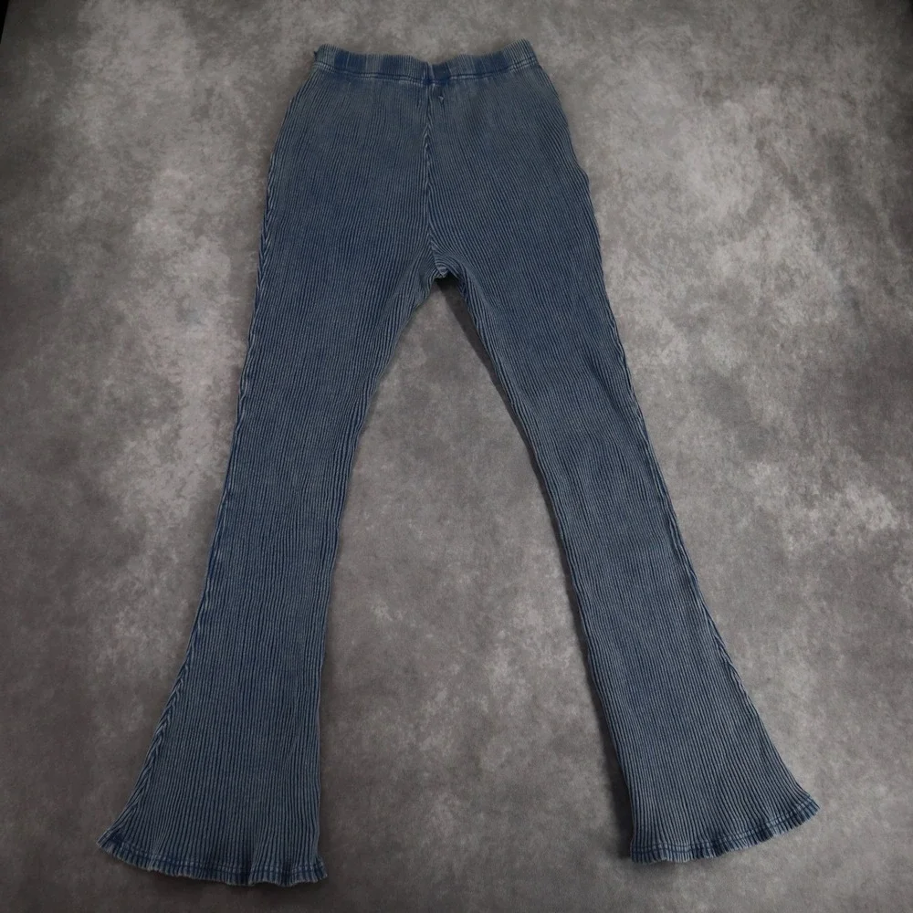 Urban Outfitters Flare Leggings Blue Ribbed Pants M Y2K Lettuce Hem Stretch